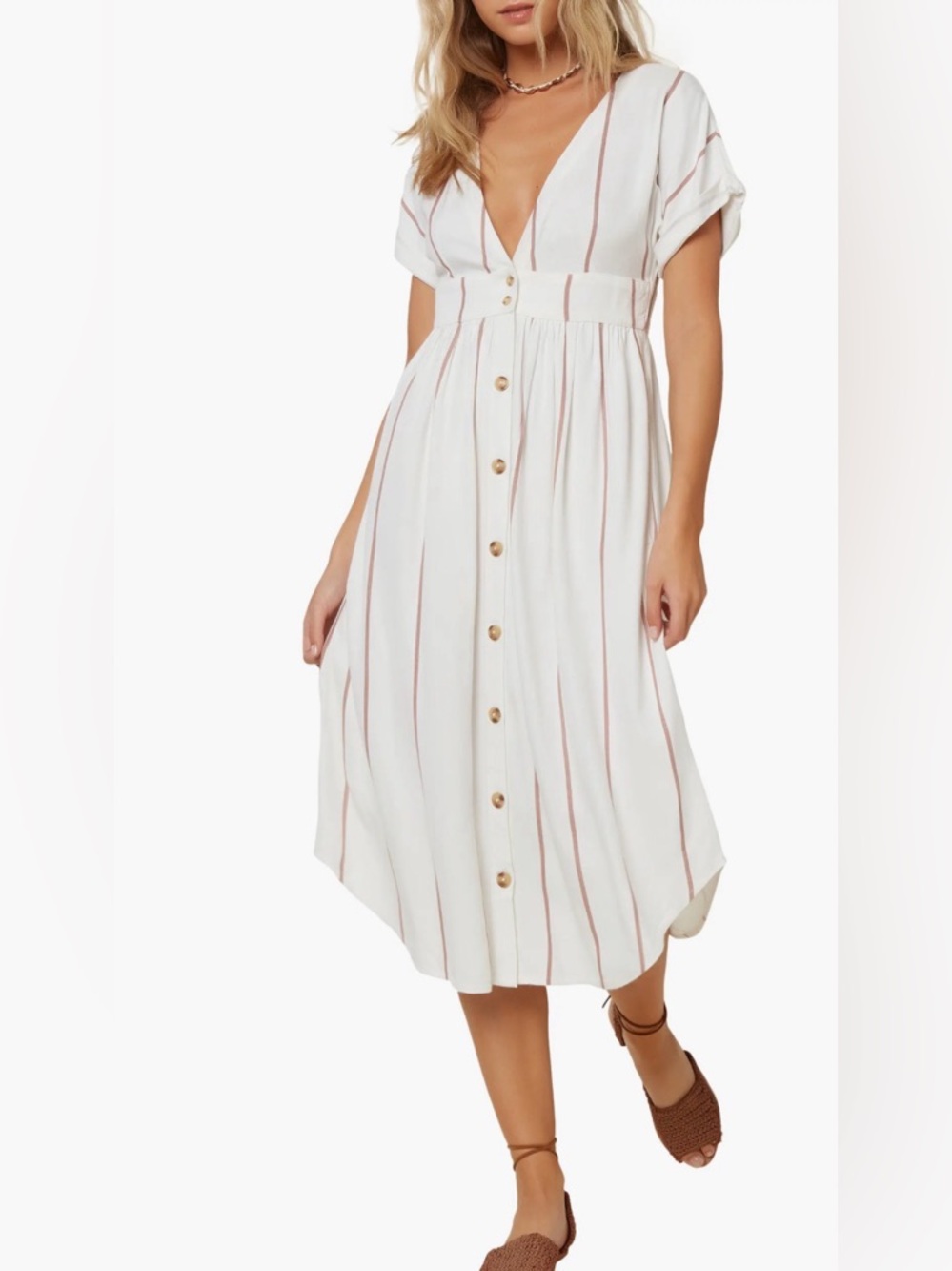 O'Neill White Midi Dress with Blush Stripes